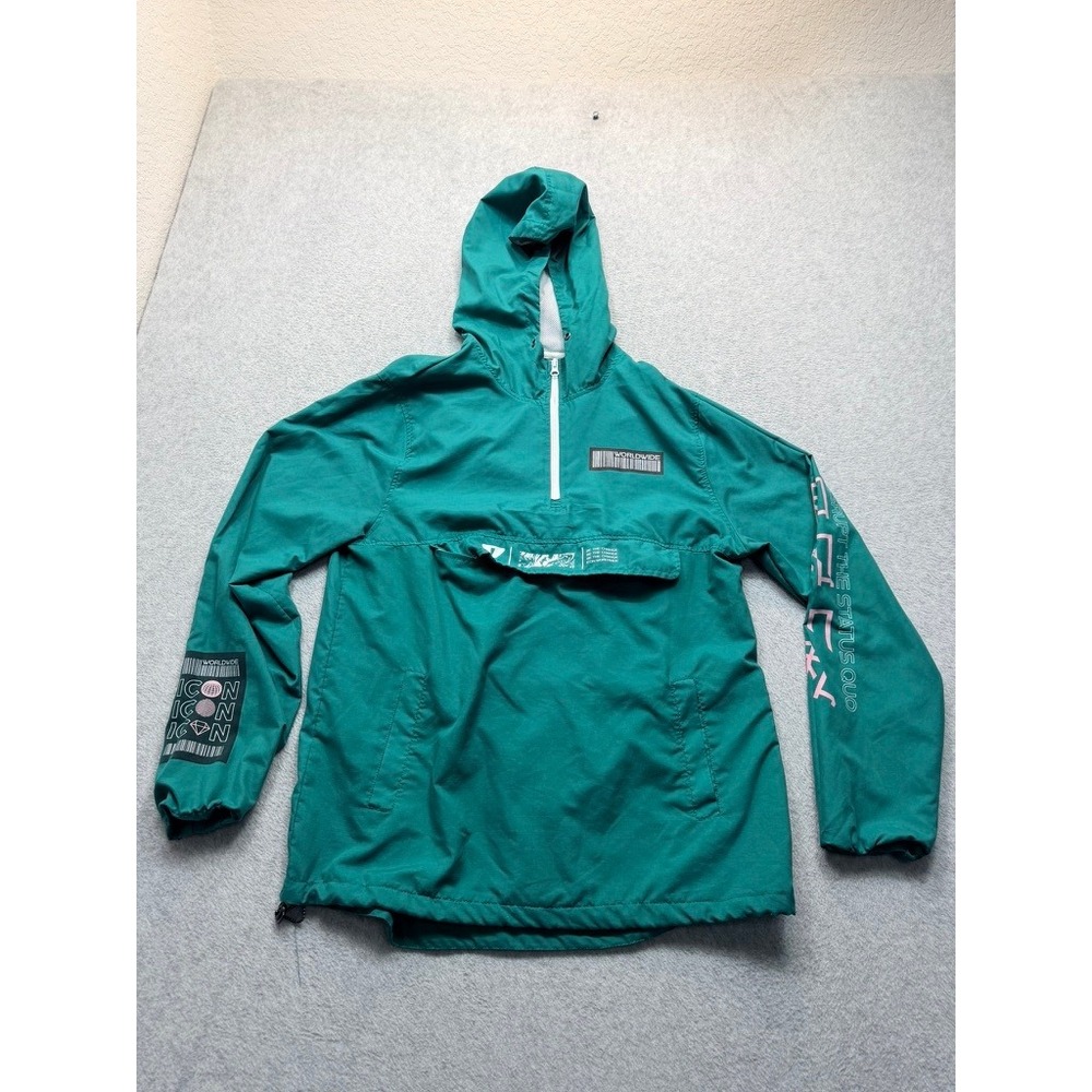 Rue21 Mens Teal Green Graphic Anorak Windbreaker Jacket Medium Worldwide Barcode